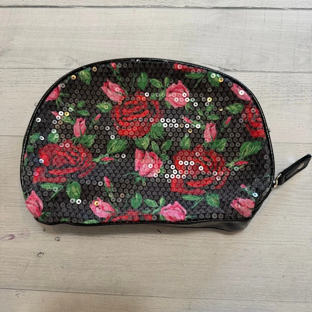Betsey Johnson‎ Rose Pattern Sequin Cosmetic Bag/Pouch